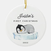 Baby's First Christmas Pinguin 2 Sided Foto Keramik Ornament (Vorne)