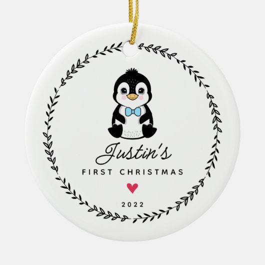 Baby's First Christmas Pinguin 2 Sided Foto Keramik Ornament (Vorne)
