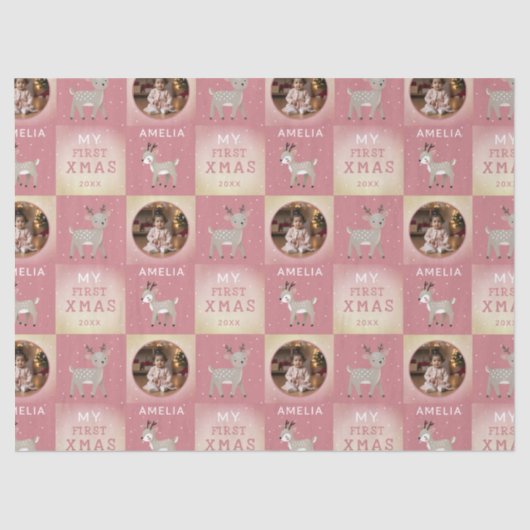 Baby's First Christmas Pink Deer Photo Seidenpapier (Vorderseite)