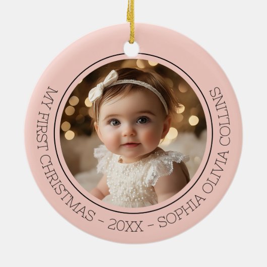 Baby's First Christmas Pink Modern 2 Foto Neugebor Keramik Ornament (Hinten)