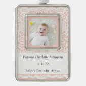 Baby's First Christmas Pink White Lace Photo Rahmen-Ornament Silber (Vorderseite)