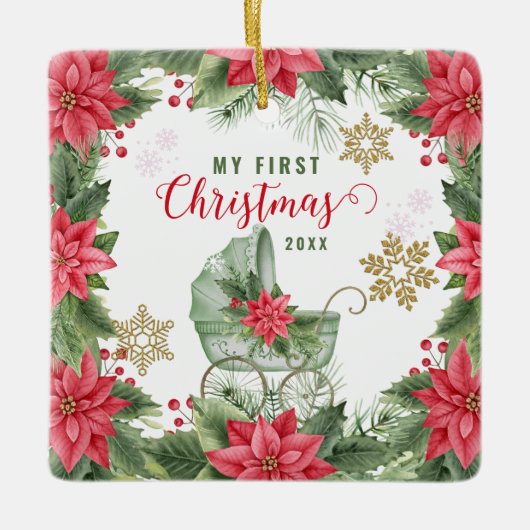 Baby's First Christmas Poinsettia Custom Foto Keramikornament (Vorderseite)