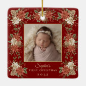 Baby's First Christmas Poinsettia Photo Keramikornament (Rückseite)