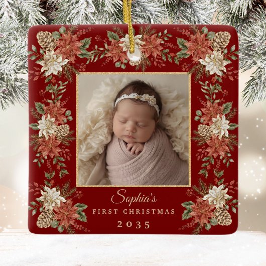 Baby's First Christmas Poinsettia Photo Keramikornament