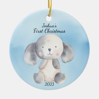 Baby's First Christmas Puppy Blue Personalisiert Keramik Ornament