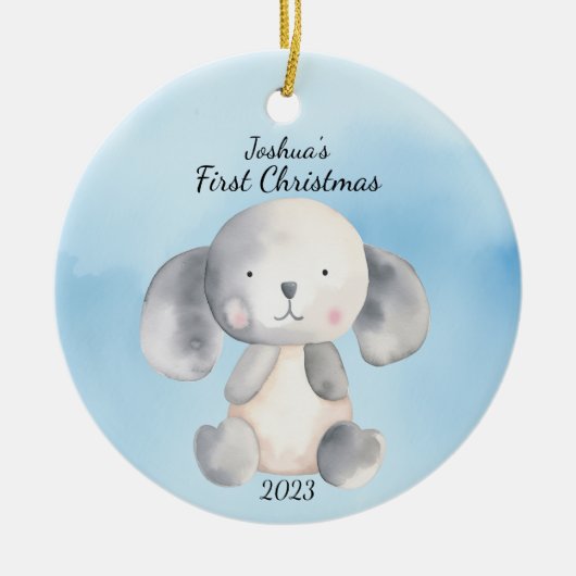 Baby's First Christmas Puppy Blue Personalisiert Keramik Ornament (Vorne)