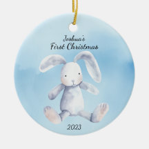 Baby's First Christmas Rabbit Blue Personalisiert