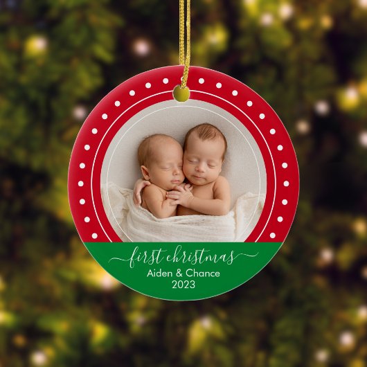 Baby's First Christmas Red and Green Dots Keramik Ornament