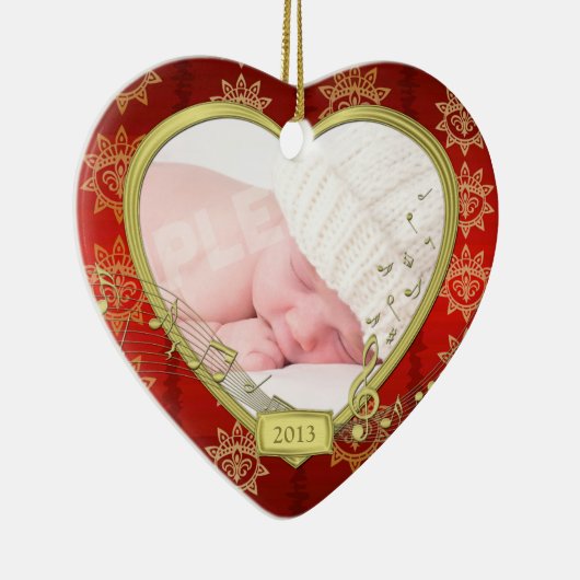 Baby's First Christmas Red Gold Foto Heart Keramikornament (Rechts)