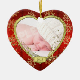 Baby's First Christmas Red Gold Foto Heart Keramikornament