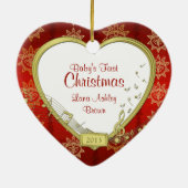 Baby's First Christmas Red Gold Foto Heart Keramikornament (Hinten)