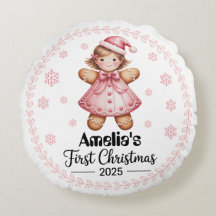 "Baby's First Christmas Round Pillow Editable