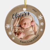 Baby's First Christmas Rustic Name Foto Keramik Ornament (Vorne)