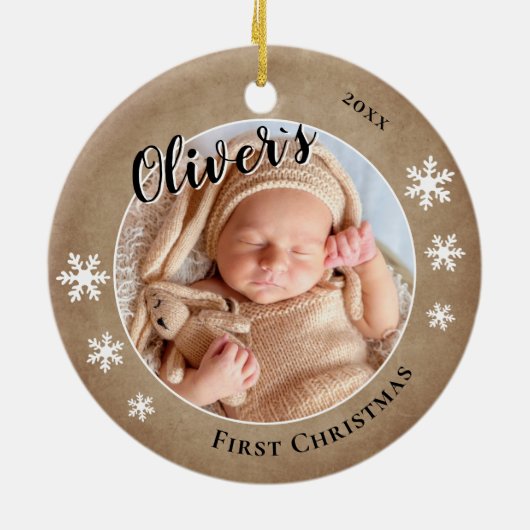 Baby's First Christmas Rustic Name Foto Keramik Ornament (Hinten)