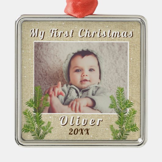 Baby's First Christmas Rustic Ornament Aus Metall (Vorne)