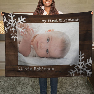 Baby's First Christmas Rustic Wood Foto Snowflake Fleecedecke