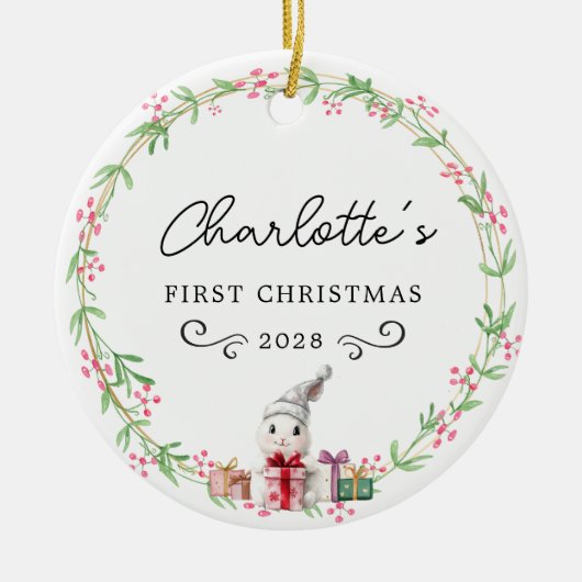 Baby's First Christmas-Rustic Wraath & Rabbit Keramik Ornament (Vorne)