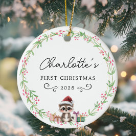 Baby's First Christmas-Rustic Wreath&Baby Raccoon Keramik Ornament