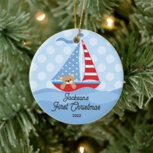 Baby's First Christmas Sailboat Foto Keramik Ornament