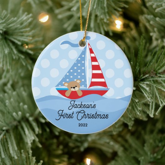 Baby's First Christmas Sailboat Foto Keramik Ornament (Baum)