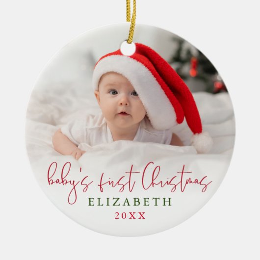 Baby's First Christmas Script Foto Keepake Keramik Ornament (Vorne)