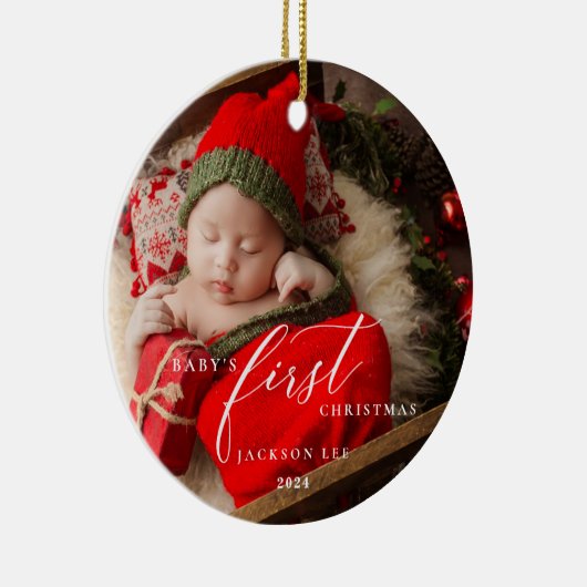 Baby's First Christmas Script Foto Ornament (Rechts)