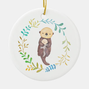 Baby's First Christmas Sea Otter Mama Baby Custom Keramik Ornament