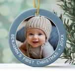 Baby's First Christmas - Simple Denim Pastel Blue Keramik Ornament<br><div class="desc">Fügen Sie ein Bild zu diesem niedlichen Urlaubssornament hinzu - perfekt für kleine Mädchen. Ein einfacher,  heller,  denim blauer Rahmen ist ein unvergesslicher Ziergegenstand für Ihren Baum. Ein moderner minimaler Schriftart für das Jahr mit einem Platz zum Hochladen von 1 quadratischem Foto.</div>