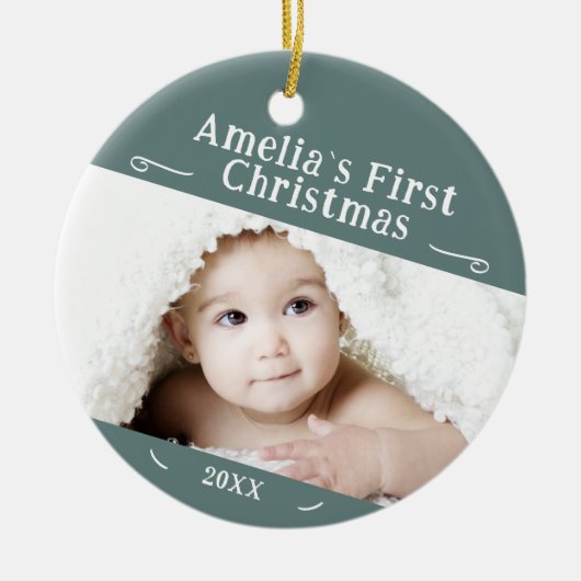 Baby's First Christmas Simple Foto Keepake Keramik Ornament (Vorne)