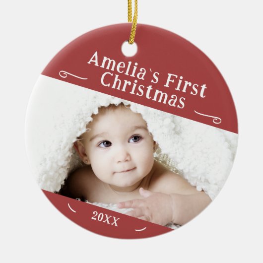 Baby's First Christmas Simple Red Foto Keepake Keramik Ornament (Vorne)