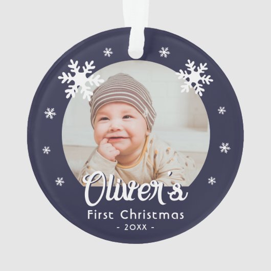 Baby's First Christmas Snowflakes Blue Foto Ornament (Rückseite)