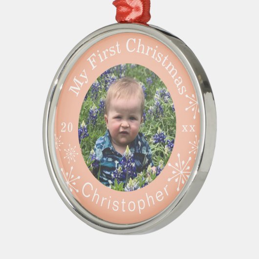 Baby's First Christmas Snowflakes Blush Custom Ornament Aus Metall (Links)