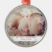 Baby's First Christmas Snowflakes Red Silver Metal Ornament Aus Metall (Vorne)