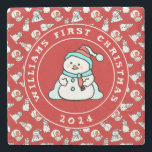 Baby's First Christmas Snowman Pattern Red Name Steinuntersetzer<br><div class="desc">Der erste Untersetzer aus Marmor, in dem sich das Baby aufhält, ist mit einem Schneemann in der Mitte und einem Schneemodell am Rande des Hauses ausgestattet. Ein praktisches Anliegen für Ihre Kinder, um noch viele Jahre behalten. Um den Text zu ändern, klicken Sie auf die Schaltfläche Personalisieren. Dieses Design enthält...</div>