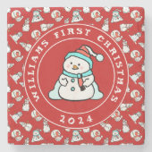 Baby's First Christmas Snowman Pattern Red Name Steinuntersetzer (Vorderseite)