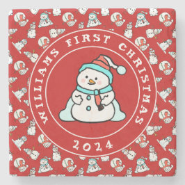 Baby's First Christmas Snowman Pattern Red Name Steinuntersetzer