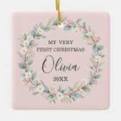 Baby's First Christmas Soft Blush Bloral Frame Keramikornament (Vorderseite)