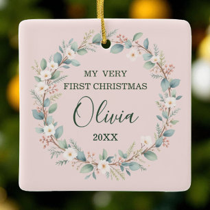 Baby's First Christmas Soft Blush Bloral Frame Keramikornament