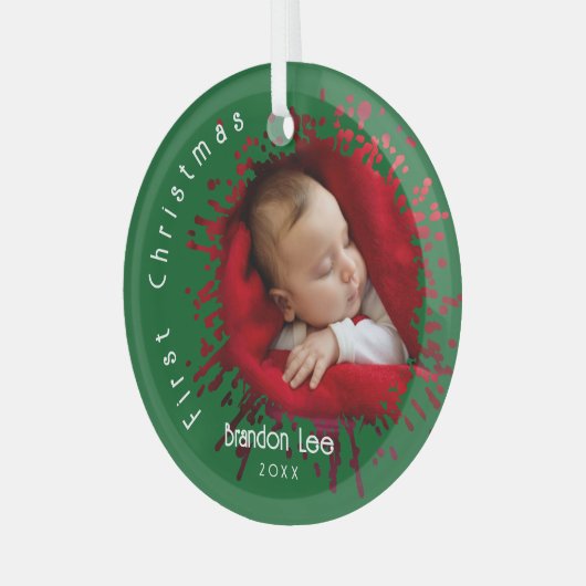 Baby's First Christmas Splatter Pattern  Ornament Aus Glas (Vorderseite links)