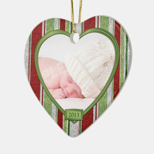 Baby's First Christmas Stripes Foto Herz Xmas Keramik Ornament (Links)