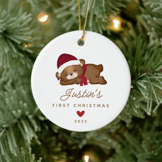 Baby's First Christmas Teddy Bear2 Sided Foto Keramik Ornament (Baum)