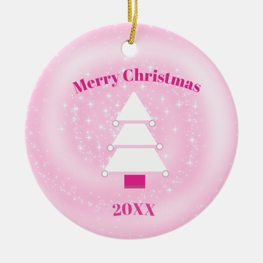 Babys FIrst Christmas Tree Pink Stars Foto Keramik Ornament (Vorne)