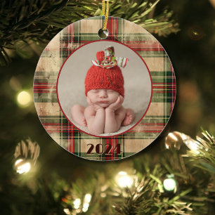 Baby's First Christmas Vintag Worn Kariertes Foto Keramik Ornament