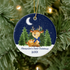 Baby's First Christmas Watercolor Deer Blue Bow Keramik Ornament