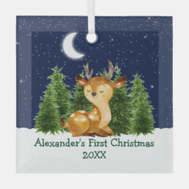 Baby's First Christmas Watercolor Deer Forest Sky Ornament Aus Glas