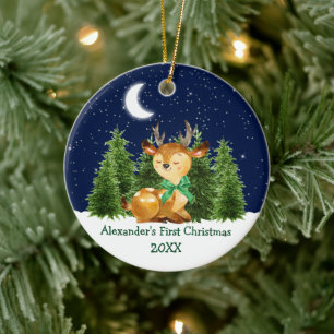 Baby's First Christmas Watercolor Deer Green Bow Keramik Ornament