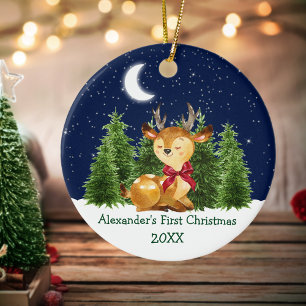 Baby's First Christmas Watercolor Deer Red Bow Keramik Ornament
