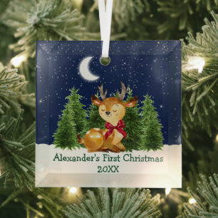 Baby's First Christmas Watercolor Deer Red Bow Ornament Aus Glas