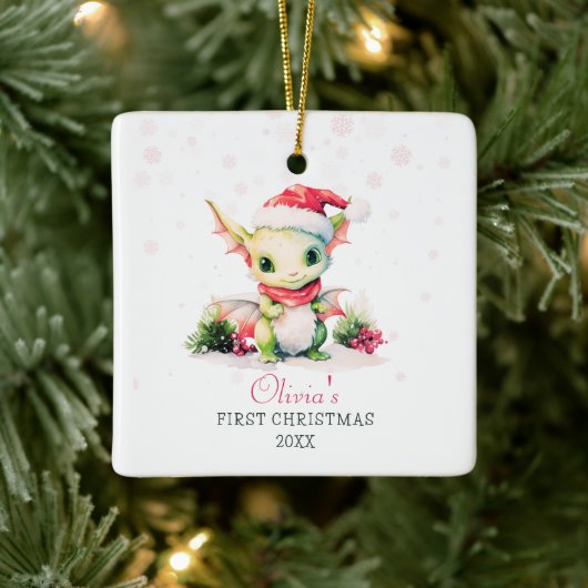 Baby's First Christmas Watercolor Dragon Square Keramikornament (Baum)