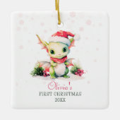Baby's First Christmas Watercolor Dragon Square Keramikornament (Vorderseite)
